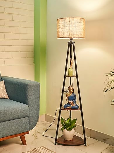 Crosscut Furniture LED Tripod Floor Lamp with 3 Shelves, Brown Jute, Metal Corner Floor Lamp for Living Room & Bedroom Decoration