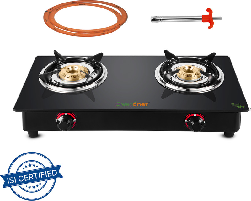 Greenchef Ebony Pro 2BR ( Hose Pipe + Lighter ) Glass Manual Gas Stove(2 Burners)