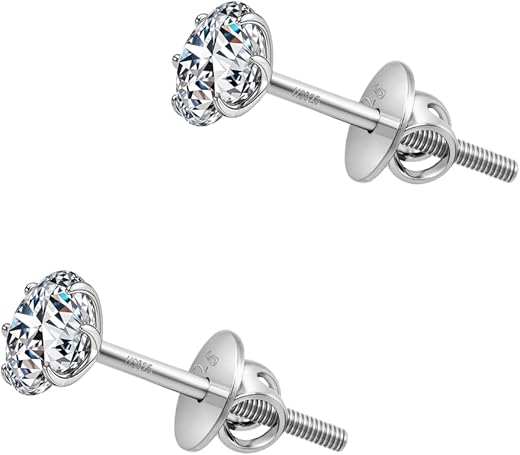 HIGHSPARK 925 Silver Solitaire Screwback Stud Earrings | 92.5 Sterling Silver & Round Brilliant Cubic Zirconia Tops for Men Women