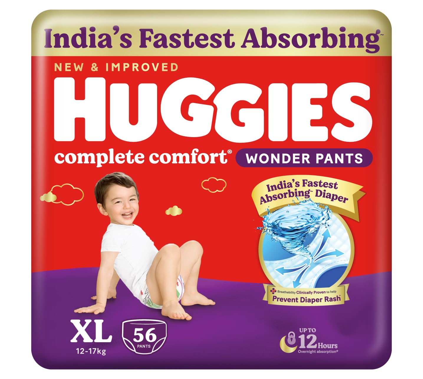 Huggies Complete Comfort Wonder Pants | Pant Style Baby Diapers Extra Large Size, 56 Count | India's Fastest Absorbing Diaper, Prevents Diaper Rash, Ideal for 12 to 17 Kgs