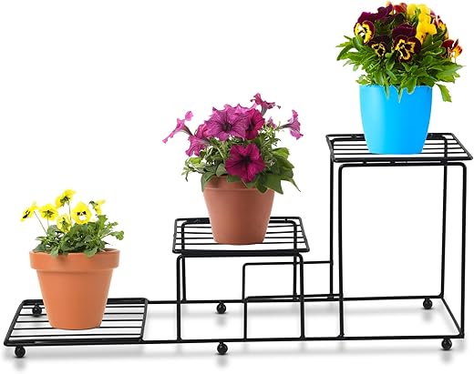 Kuber Industries 3 Tier Metal Plant Stands for Outdoor Balcony and Garden | Flower Pot Indoor Planter Stand for Home Decor | Terrace Plant Organiser | Black