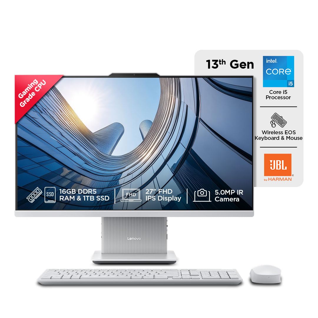 Lenovo IdeaCentre AIO Intel Core i5 13420H 27" FHD IPS 3-Side Edgeless All-in-One Desktop with Alexa Built-in (16GB/1TB SSD/Win11/Office 2021/5.0MP+IR Camera/Wireless EOS Keyboard & Mouse), F0HM003CIN