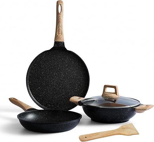 Lifelong 3 Piece Die-Cast Cookware Set with Coomon Lid | 2.2L Kadhai with Lid 24cm | 1.4L Fry Pan 24cm | 1.2L Tawa 28cm | Induction & Gas Compatible | Non-Riveted Handle | PFOA-Free Non-Stick Coating