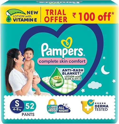 Pampers Complete Skin Comfort Pants, Anti-rash blanket, Lotion with Vitamin E & Aloe Vera, Small size baby diapers (SM) 52 Count, 4-8 kg