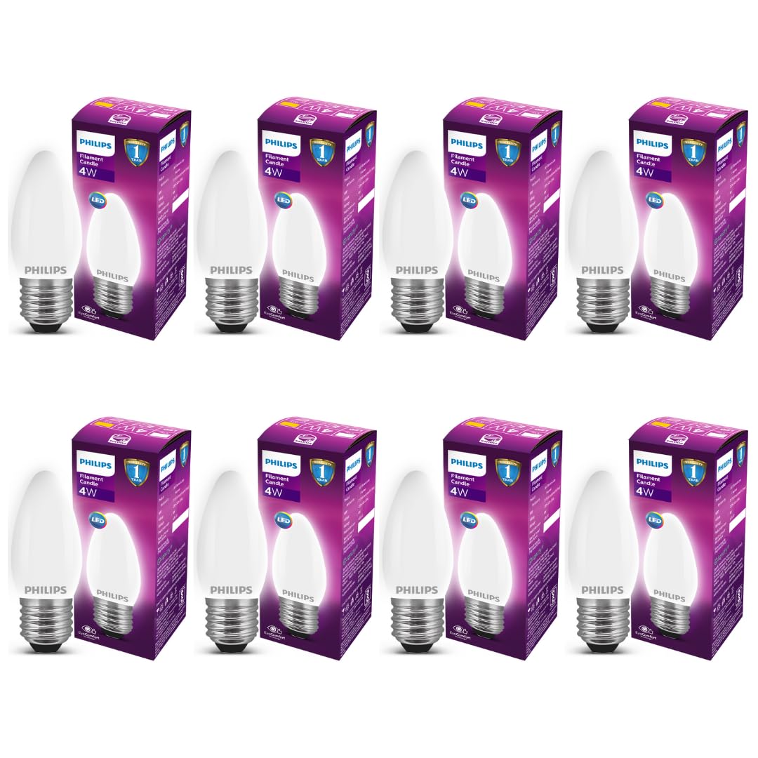 Philips 4-Watt 400-lumen Frosted Candle E27 Base (Cool White, Pack of 8) - Decorative, Ambience for Chandeliers, Wall lights, Desk lamps, Floor lamps