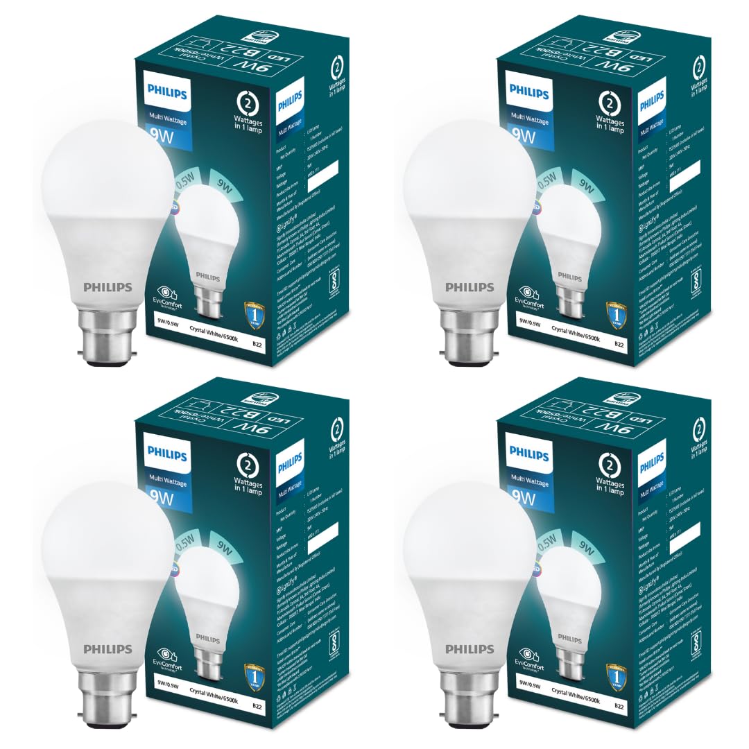 PHILIPS Multi - Wattage LED Bulb | 2 Wattages (9w, 0.5w) In 1 LED Bulb | Colour : Crystal White, Pack Of 4
