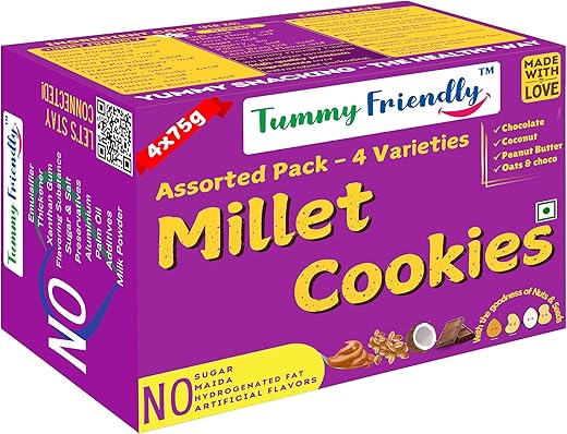 TummyFriendly Foods Millet Cookies for Kids Adults. Millet Healthy Biscuits, Ragi and Jaggery. Healthy Snacks for kids Babies 1 Year Old. Gift the Best Healthy Cookies - Assorted - 4x75 (300g)