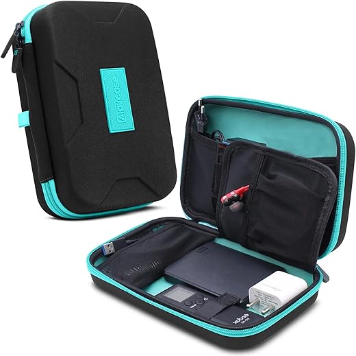 AirCase Electronics Organizer Bag with Shockproof EVA Hardshell & Soft Lining, 2 Mesh Pockets, 9 Elastic Loops, 2 Zipper Pockets| Travel Gadget Organizer for HDD/SSD Power Bank Cables Adapters(Black)