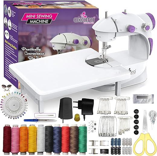 Akiara - Makes life easy Mini Sewing Machine with Table Set | Tailoring Machine | Hand Sewing Machine with extension table, foot pedal, adapter, White (With KIT)