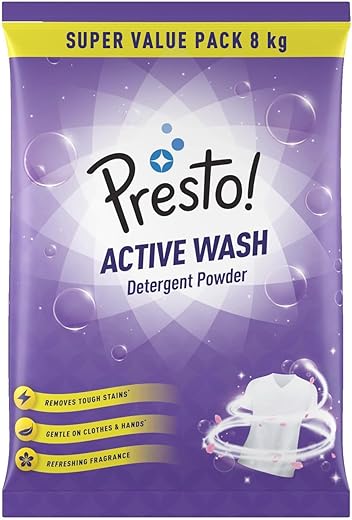 Amazon Brand – Presto! Active Wash Detergent Powder | 8 Kg | Tough On Stains | Gentle On Fabrics | Colour-Safe | Refreshing Fragrance | Machine And Hand Wash