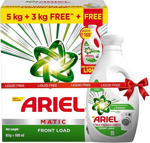Ariel Matic Detergent Powder Front Load - 5kg + 3kg + 500ml Liquid free | Removes 100 Tough Stains in 1 wash | Specially Designed for Washing Machines | Fresh Fragrance