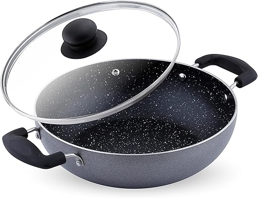 Attro Aluminium Induction & Gas Stove Compatible Non Stick 3mm Thickness Heavy Duty Kadhai with Glass Lid, Spatter Finish, (240 mm, Black)