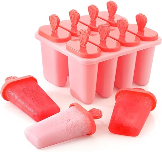 Clazkit Set of 8 Plastic Reusable Strawberry Ice Pop Makers, Homemade Popsicle/Frozen Ice Cream/Kulfi Candy for Children & Adults – Multicolor,15.8X11X8 Cm