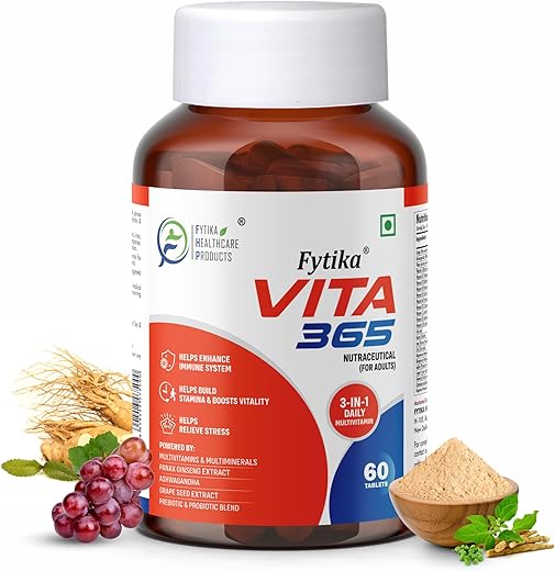Fytika Vita 365-60 Tablets (Pack of 1) | Multivitamin For Men and Women | With Ashwagandha, Ginseng, Probiotics & Prebiotics and Biotin| Enhances Energy, Immunity and Digestion