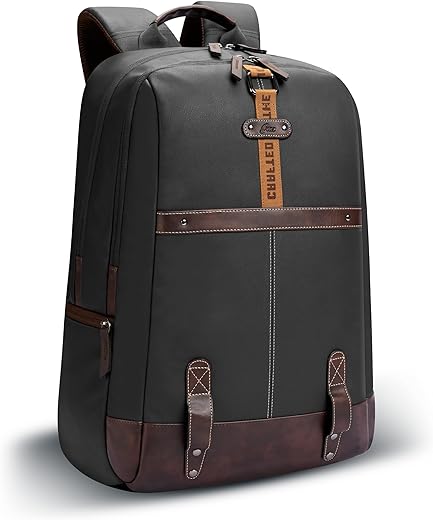 Gear Classic 4 19"/31L Anti Theft Faux Leather Medium Water Resistant 3 Compartment Laptop Backpack/Casual Backpack/Daypack/Travel Backpack/College Bag For Men/Women(Black-Brown)