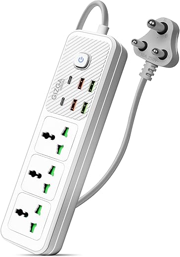 Gizga essentials 2500W/10A Extension Board | Universal 3 Sockets with 2 Type C & 4 USB A for Office & Home Appliances| Spike Guard, Surge Protector Power with Strip 2M Cord, Child Safety Shutter