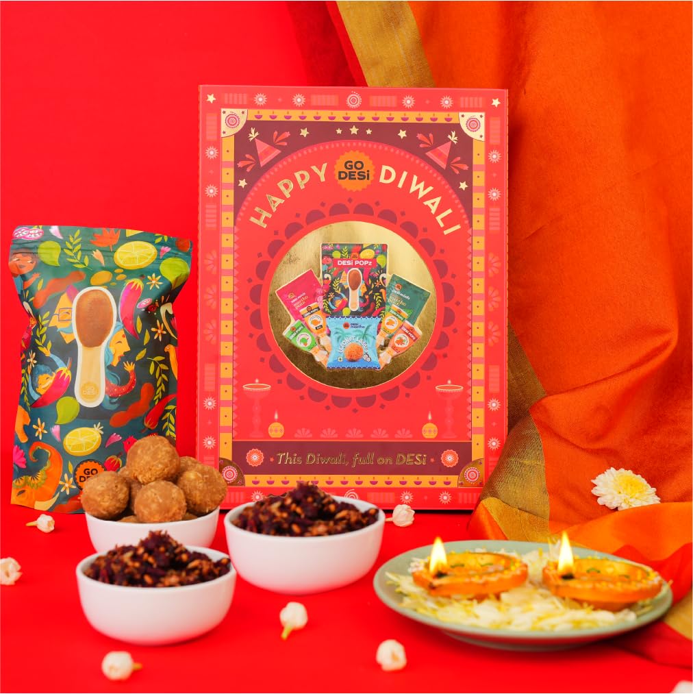 GO DESi Diwali Gift Box - 12 Items | Shubh Diwali Gift Hamper | Diwali Diya Set | Coconut Laddu | DESi POPz: Tangy Imli, Real Aam, Kaccha Aam | Meetha Paan | Diwali Gifts for Family and Friends