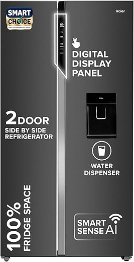 Haier SmartChoice 596L 3Star 2-Door Water Dispenser Side by Side Frost Free Refrigerator|Convertible|Smart Sense AI | Expert Inverter|Digital Display Panel (2025 Model, HRS-682WGKU1, Graphite Black)