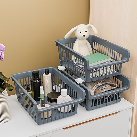 Kuber Industries 3 Pcs Set Plastic Stackable Wardrobe Organizer Rack for Storage | Multipurpose Sliding Basket for Modular Kitchen and Bathroom Countertop | Grey