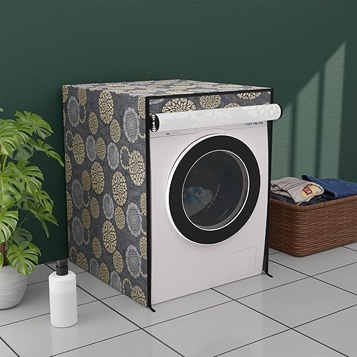 Kuber Industries Dustproof Front Load Washing Machine Cover for IFB 6 Kg/6.5 Kg/7 Kg/7.5 Kg with Zip | Washing Machine Cover Front Load with Space for Wire/Pipe | Gola Design- Black