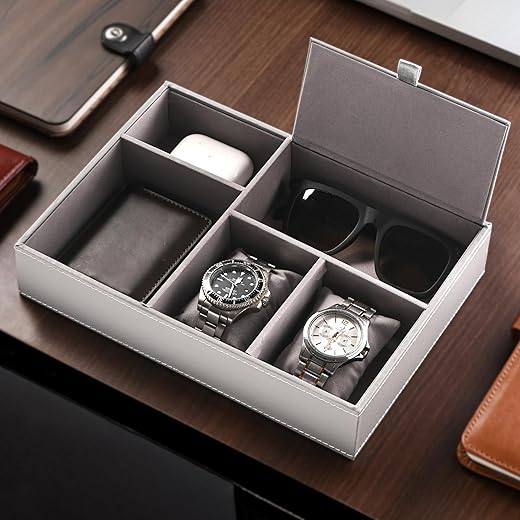 Kuber Industries Faux Leather Jewellery Organisers Box | Watch and Sunglasses Organizer | Desk Organiser Tray | Wallet and Watch Holder Box | Grey