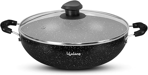 Lifelong Non-Stick Aluminium 2 litre Kadhai with Glass Lid, 24cm, Black/Grey (Induction and Gas Compatible)