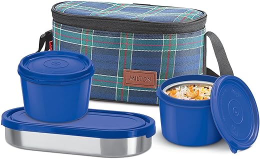 MILTON Decker Lunch Box with Insulated Fabric Jacket, 2 Inner Stainless Steel Containers 450 ml Each & 1 Oval Stainless Steel 450 ml, Microwave Safe, Leak-Proof Tiffin for Office, Easy to Carry, Blue
