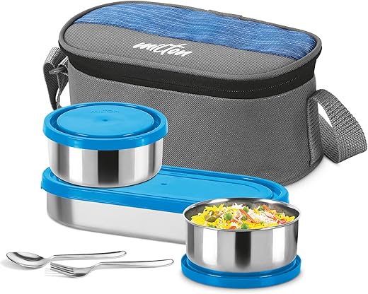 MILTON Master Lunch Box with Insulated Fabric Jacket, 3 Containers (1 Oval Stainless Steel 450 ml, 2 Stainless Steel 280 ml Each Spoon & Fork), Leak-Proof Tiffin for Office, School, College, Blue