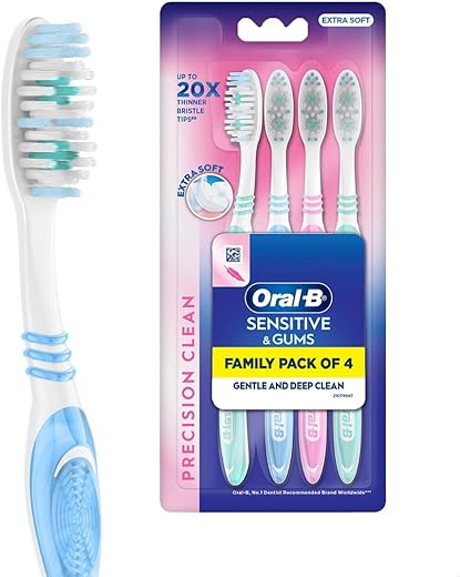 Oral-B Precision Clean Sensitive Soft Manual Toothbrush For Adults, Ultra Soft Bristles For Sensitive Teeth and Gums, Multicolour Tooth Brush Set, Oral B Dentist Recommended Brand (Family Pack of 4)