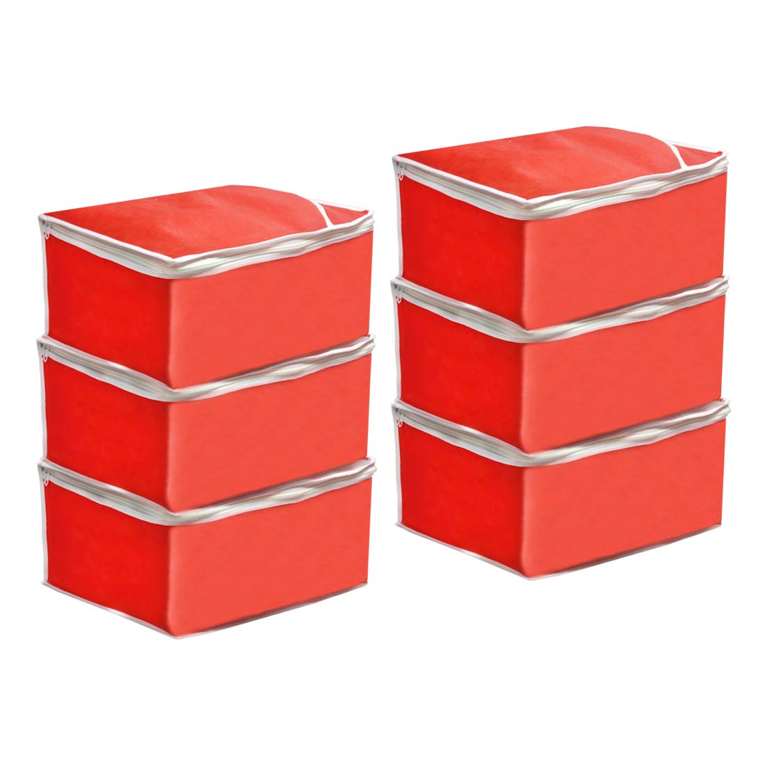 PrettyKrafts Saree Cover Big Size/Wardrobe Organiser/Clothes Storage Bag | Storage Organizer Bag | Zip Closure and Transparent Front | Clothes Storage Bag | Set of 6, Red | Size: 40 x 35 x 20 cm