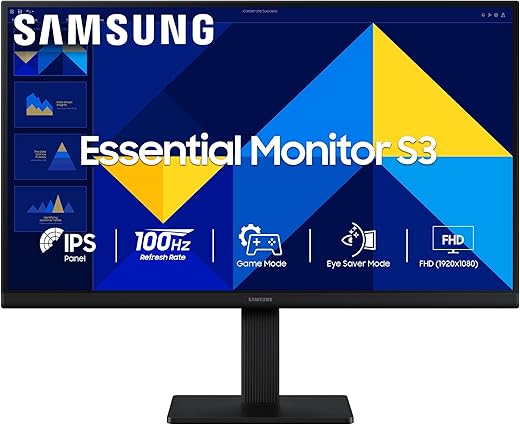 Samsung 22″ (54.6 cm) S3 Flat Monitor|Super Slim Borderless Design|IPS Panel|FHD 1920 x 1080|100 Hz|5 ms|Ports-HDMI,VGA|Game Mode|Eye Saver Mode||Wall Mountable|LS22D300GAWXXL|Black