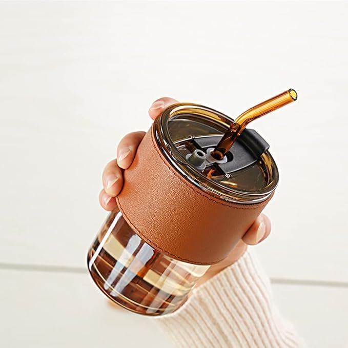 Reusable Glass Coffee Sipper Mugs with Lid & Straw Pack of 1, 400ml Multipurpose Drinking Glasses Tumbler with Leather Sleeve Cup for Juice Smoothies Iced Tea Home & Travel