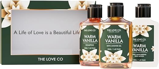 THE LOVE CO. Warm Vanilla Bath & Body Gift Set | Body Wash | Body Lotion | Shampoo | Long-Lasting Warm Vanilla Fragrance | Gift Set For Women | Gifting For Birthday, Valentine's, Anniversary, Rakhi & Special Occasions| Premium Gift Packaging | Pack Of 3