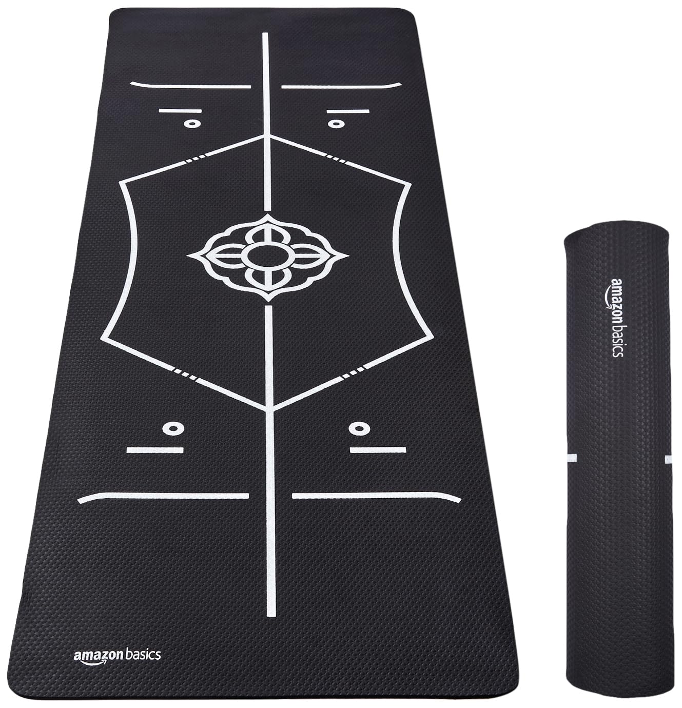 AmazonBasics Body Alignment Yoga Mat | 6 MM Thick Mat | Carry Strap | Grippy Surface | Anti Slip Exercise Mat | TPE & EVA Material | Yoga Mat for Men & Women | For Gym or Home (Black)