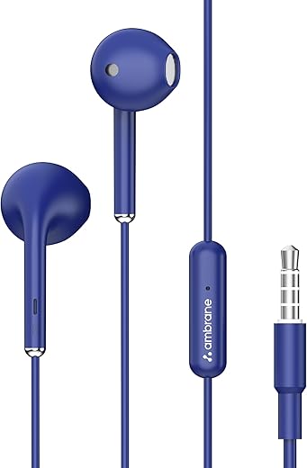Ambrane Wired Headphones in Earphones with in-Line Mic for Clear Calling, 14Mm Dynamic Drivers for Boostedbass, 3.5Mm Jack, Multi-Functional Controller (Stringz 38 Lite, Blue)