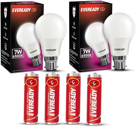 Eveready B22 Base 7-Watt LED Bulb with 4 1015 AA Carbon Zinc Batteries (Cool Day Light) – Pack of 2