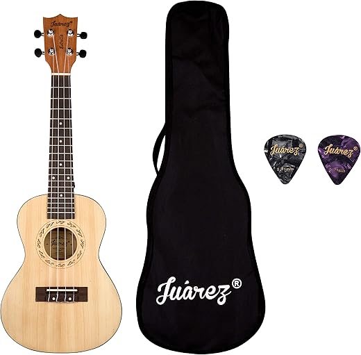 Juarez Estrélla 23" Concert Ukulele, Spruce Top, Mahogany Back & Side, ABS Binding Aquila Italian Strings, Black Diecast Machine, Rosewood Fretboard & Bridge with Gig Bag, 2 Picks, Natural