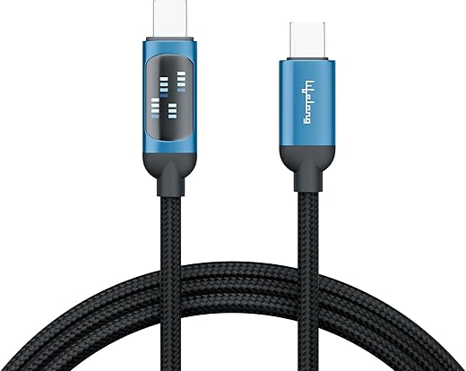 Lifelong Electronics 100W PD USB Type C to Type C Fast Charging Cable with Digital Speed Indicator | High Speed Data Cable | Braided, Tangle Free | iPhone 16/15/14, Android, Laptop, Tablet etc | 1.25M
