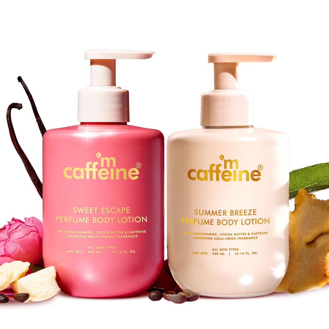 mCaffeine Perfume Body Lotion Combo - Sweet Escape & Summer Breeze | Niacinamide, Cocoa & Shea Butter | Deep Moisturization for Winter Dry Skin| Lightweight, Non-Sticky Daily Use Bodylotion| Fruity & Aqua Scent - 300ml x 2