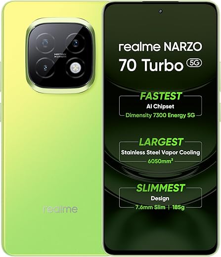 realme NARZO 70 Turbo 5G (Turbo Green,6GB RAM,128GB Storage) | Segment’s Fastest Dimensity 7300 Energy 5G Chipset | Motorsports Inspired Design