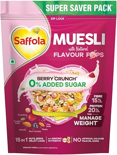 Saffola Muesli 0% Added Sugar Berry Crunch 700 gm | High Protein & High Fibre to help Manage Weight | Muesli with Flavour Pops