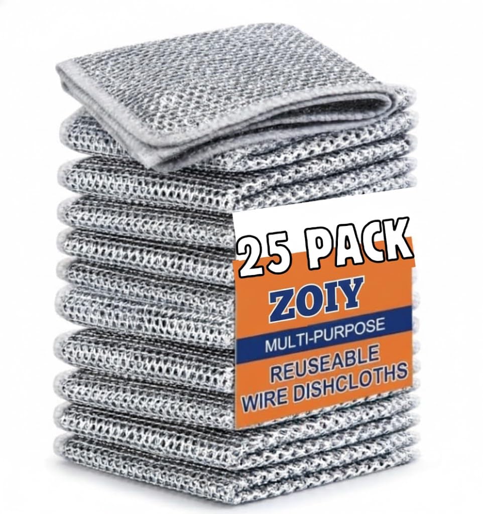 25 Pack Non-Scratch Wire Dishcloth, Steel Scrubber for Utensils Cleaning, Multipurpose Wet and Dry Cleaning Dish Wash Cloth Scrubber for Washing Dishes, Sinks, (25)