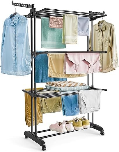 ABOUT SPACE 3 Tier Foldable Cloth Drying Stand - Heavy Duty Anti-Rust Steel Clothes Stand for Drying with Wheels - Laundry Racks|Cloth Stand for Drying Indoor-Balcony Clothes Dryer Black