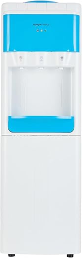 Amazon Basics Hot and Cold Floor Standing Water Dispenser – Top Loading, 20 litres | White & Blue | Compact Design with Hot, Cold and Normal Temperature Settings