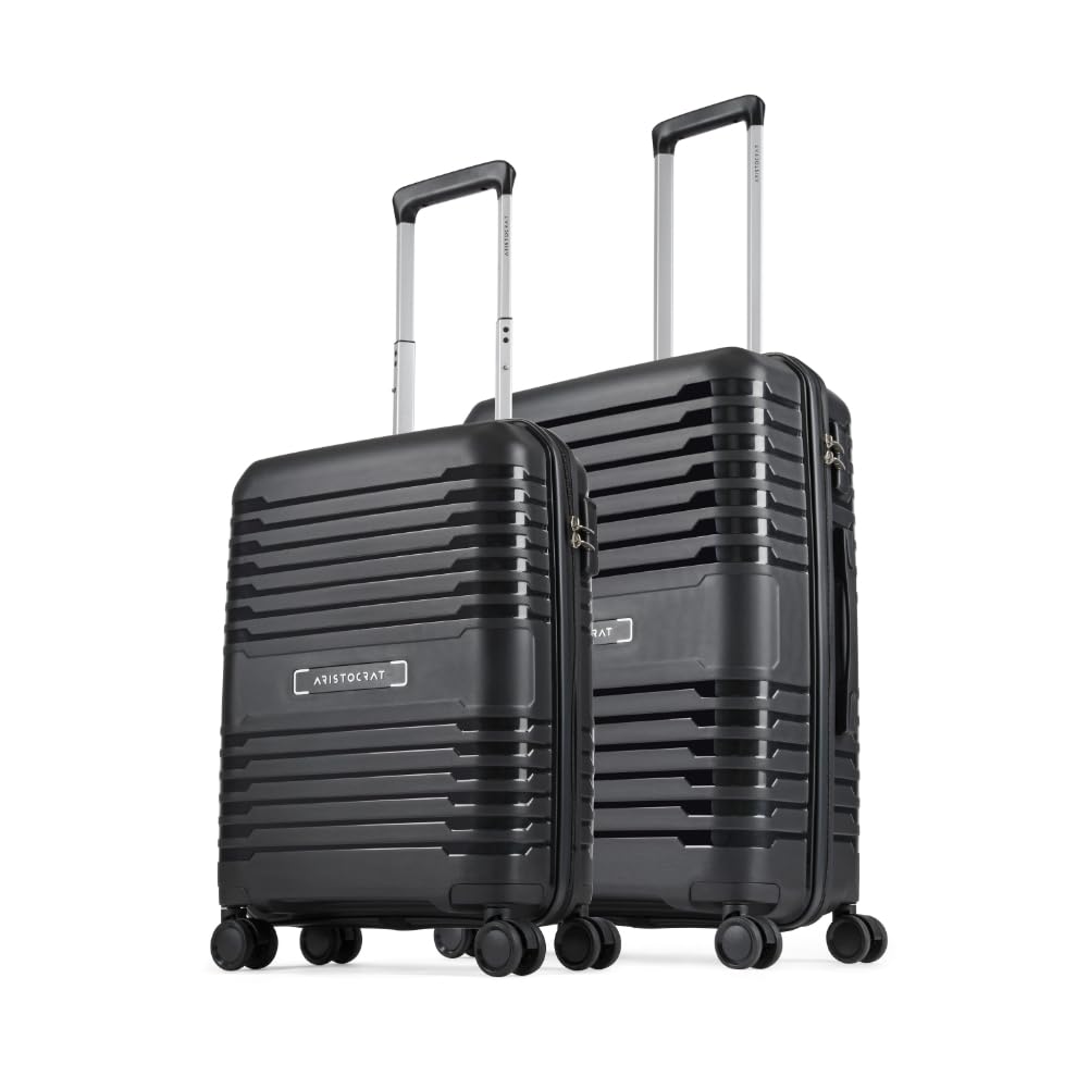 Aristocrat Harbour Set of 2 Trolley Bag 55, 66 cm | Small+Medium | Polypropylene Hard Luggage | Smooth 8-Wheel Suitcase | Combination Lock with Sturdy Zipper | 7-Year Warranty – Unisex (Black)