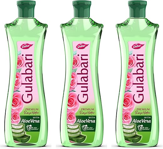 Dabur Gulabari Premium Rose Water with Aloe Vera – 1200 ml (400ml x 3) | Upto 8 HR Skin Hydration | Cleanses, Tones and Moisturises Skin | For All Skin Types