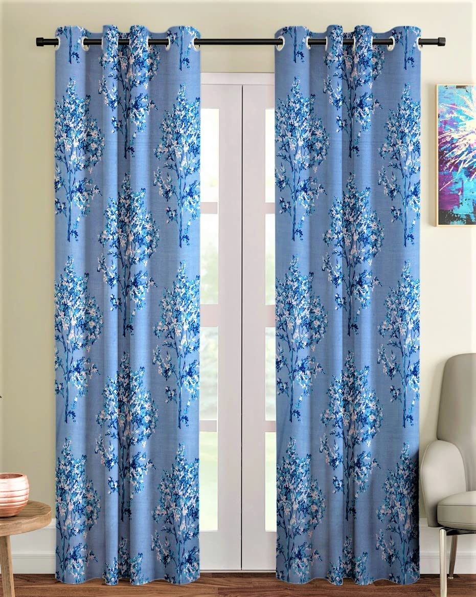 Fashion String Polyester Blossoms Eyelet Window Curtains (5 Feet, Blue) – 2 Piece(Eyelet, String, Washable), Floral | Light-Filtering