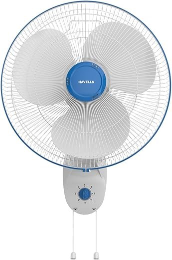 Havells Gatik Pro 400mm Wall Mount Fan | RPM: 1350 | Double string for Speed & Oscillation control | Thermal Overloaded Protected Motor | 100% Copper Wire Winding Motor | 2 Year Warranty (White Blue)