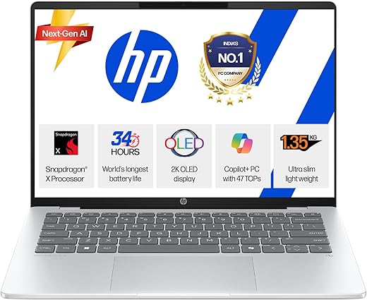 HP OmniBook 5 OLED (Previously Pavilion), Snapdragon X Processor (16GB LPDDR5x, 1TB SSD) 2K, 14”/35.6cm, Win11, M365 Basic(1yr)* Office24, Silver, 1.35kg, he0015QU, Light-Weight, Next-Gen AI Laptop