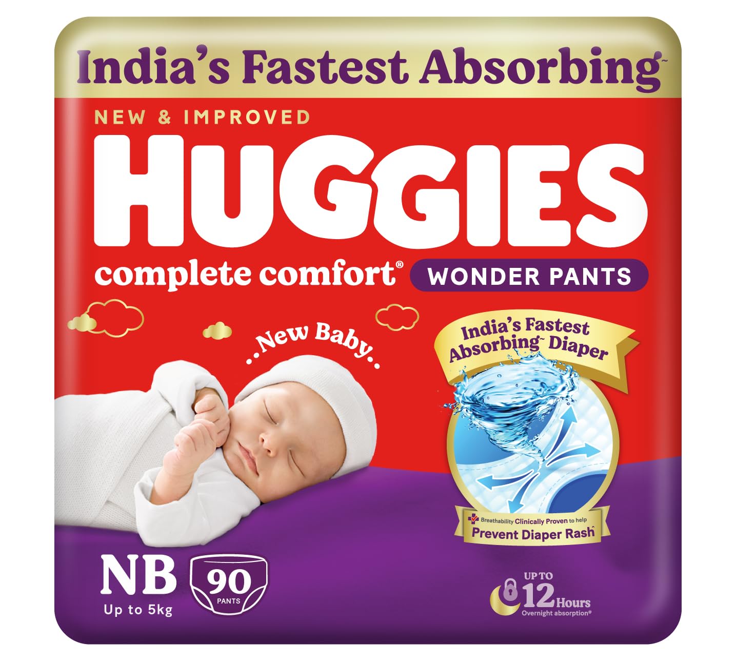 Huggies Complete Comfort Wonder Pants | Pant Style Baby Diapers Newborn Size, 90 Count | India’s Fastest Absorbing Diaper, Prevents Diaper Rash, Ideal for 0-5 Kgs